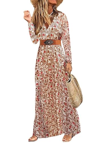 MessBebe Damen Boho Blumendruck Maxi Kleid V-Ausschnitt Langarm High Taille Sommerkleid Herbst mit Gürtel Rot XXL von MessBebe