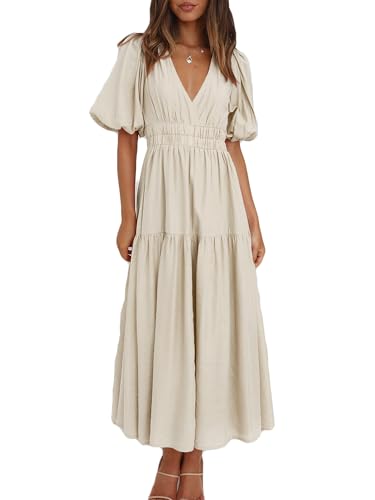 MessBebe Kleid Damen Elegant V-Ausschnitt Sommerkleid Kurze Puffärmel Wickelkleid Einfarbig Maxikleid Hohe Taille Partykleid Lässig Sommer Freizeitkleid von MessBebe