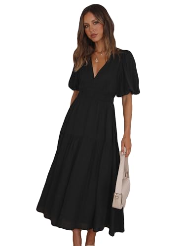 MessBebe Damen-Kleid, kurzärmelig, V-Ausschnitt, Freizeitkleid, Maxikleid, Partykleid Schwarz von MessBebe