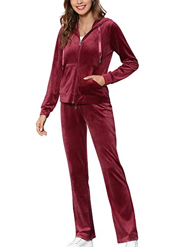 MessBebe Hausanzug Damen Trainingsanzug Set Jogginganzug Velour Sportanzug Anzug 2 Teilig Freizeitanzug Oberteil Hose Kapuzenjacke Langarm Zipper Lange Sporthose alle Jahreszeiten,Rotwein, XXL von MessBebe