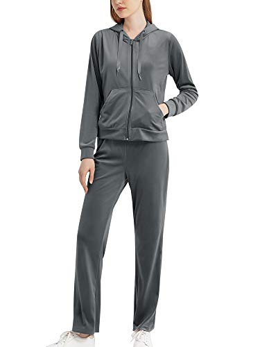 MessBebe Hausanzug Damen Trainingsanzug Set Jogginganzug Velour Sportanzug Anzug 2 Teilig Freizeitanzug Oberteil Hose Kapuzenjacke Langarm Zipper Lange Sporthose alle Jahreszeiten Dunkelgrau L von MessBebe