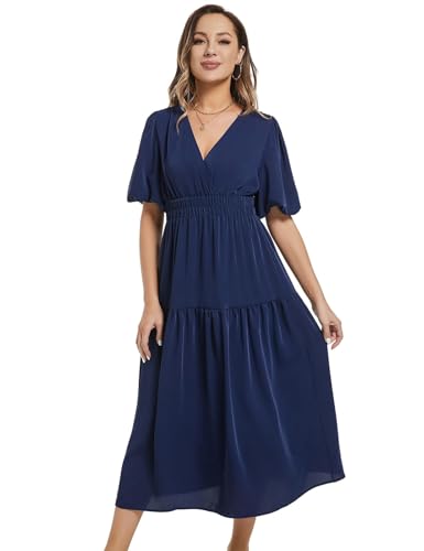 MessBebe Kleid Damen Elegant V-Ausschnitt Sommerkleid Kurze Puffärmel Wickelkleid Einfarbig Maxikleid Hohe Taille Partykleid Lässig Sommer Freizeitkleid XXL von MessBebe