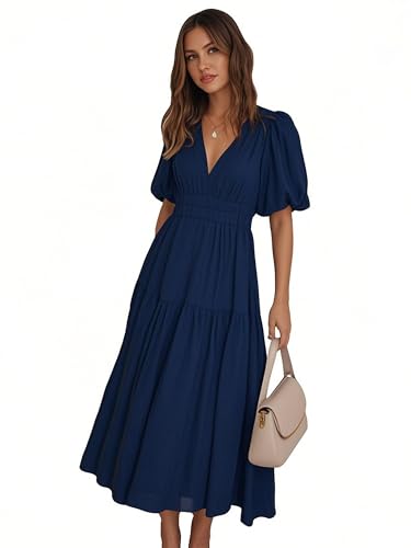 MessBebe Kleid Damen Elegant V-Ausschnitt Sommerkleid Kurze Puffärmel Wickelkleid Einfarbig Maxikleid Hohe Taille Partykleid Lässig Sommer Freizeitkleid von MessBebe
