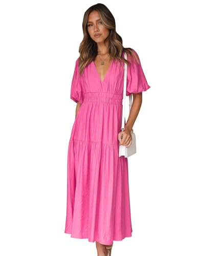MessBebe Kleid Damen Elegant V-Ausschnitt Sommerkleid Kurze Puffärmel Wickelkleid Einfarbig Maxikleid Hohe Taille Partykleid Lässig Sommer Freizeitkleid XXL von MessBebe