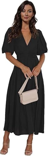 MessBebe Maxi Sommer Damen Kleid Kurze Puffy Sleeve V-Ausschnitt Hohe Taille Flowy Wrap Sonne Swing Lange Kleider Schwarz L von MessBebe