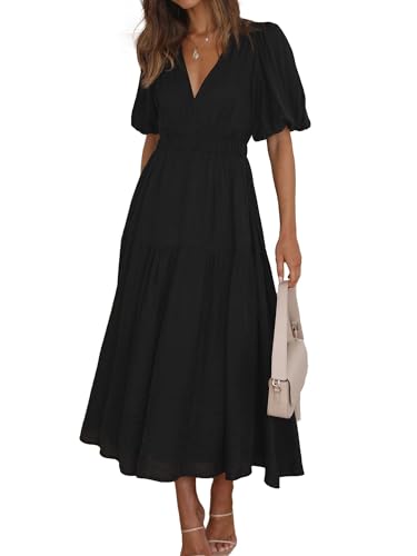 MessBebe Maxi Sommer Damen Kleid Kurze Puffy Sleeve V-Ausschnitt Hohe Taille Flowy Wrap Sonne Swing Lange Kleider Schwarz XXL von MessBebe