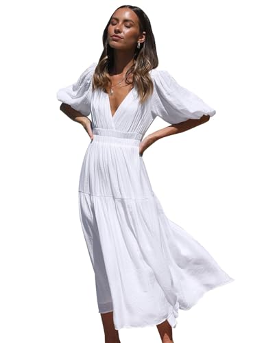 MessBebe Maxi Sommer Damen Kleid Kurze Puffy Sleeve V-Ausschnitt Hohe Taille Flowy Wrap Sonne Swing Lange Kleider Weiß XXL von MessBebe