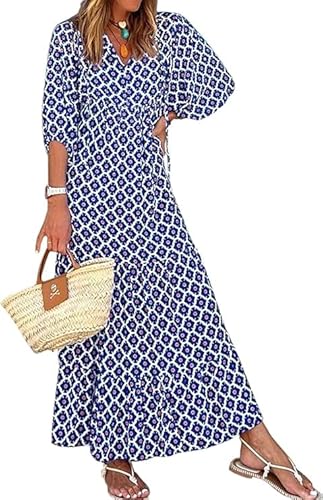 MessBebe Sommerkleider Damen Elegant Boho Langarm Blumenkleid V-Ausschnitt Maxikleid Lässig Sommer Freizeitkleid von MessBebe