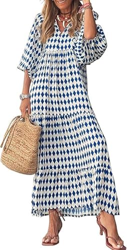 MessBebe Sommerkleider Damen Elegant Boho Langarm Blumenkleid V-Ausschnitt Maxikleid Lässig Sommer Freizeitkleid von MessBebe