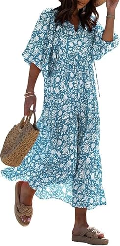 MessBebe Sommerkleider Damen Elegant Boho Langarm Blumenkleid V-Ausschnitt Maxikleid Lässig Sommer Freizeitkleid von MessBebe