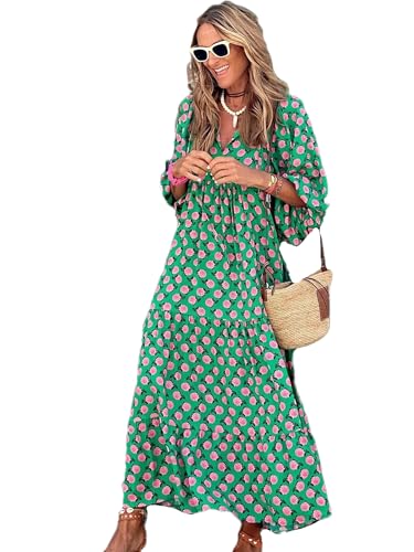 MessBebe Sommerkleider Damen Elegant Boho Langarm Blumenkleid V-Ausschnitt Maxikleid Lässig Sommer Freizeitkleid von MessBebe