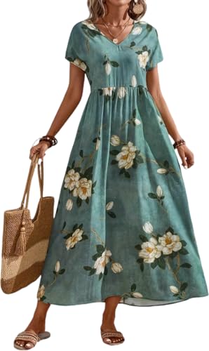 MessBebe Sommerkleider Damen Elegant Boho Langarm Blumenkleid V-Ausschnitt Maxikleid Lässig Sommer Freizeitkleid von MessBebe