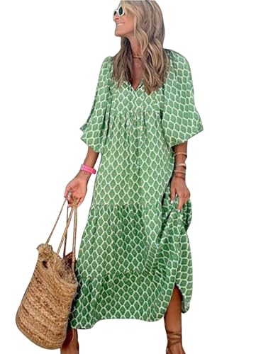 MessBebe Sommerkleider Damen Elegant Boho Langarm Blumenkleid V-Ausschnitt Maxikleid Lässig Sommer Freizeitkleid von MessBebe