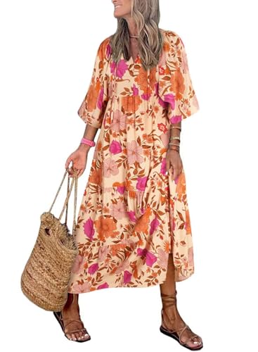 MessBebe Sommerkleider Damen Elegant Boho Langarm Blumenkleid V-Ausschnitt Maxikleid Lässig Sommer Freizeitkleid von MessBebe