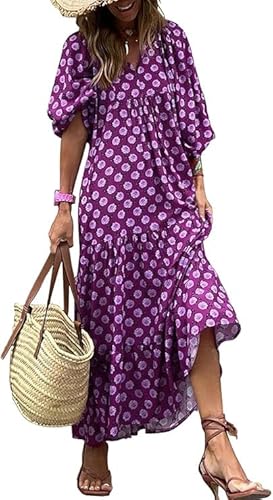 MessBebe Sommerkleider Damen Elegant Boho Langarm Blumenkleid V-Ausschnitt Maxikleid Lässig Sommer Freizeitkleid von MessBebe