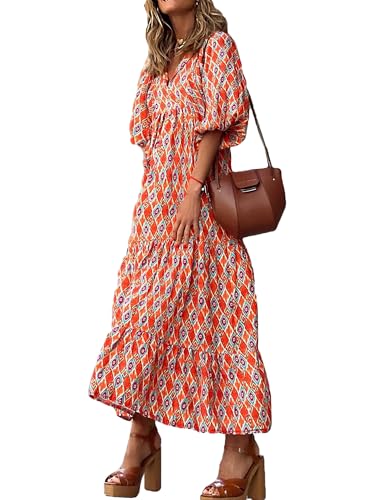 MessBebe Sommerkleider Damen Elegant V-Ausschnitt Sommerkleid Boho Langarm Blumenkleid Midi Lässig Sommer Freizeitkleid Geometric Orange von MessBebe
