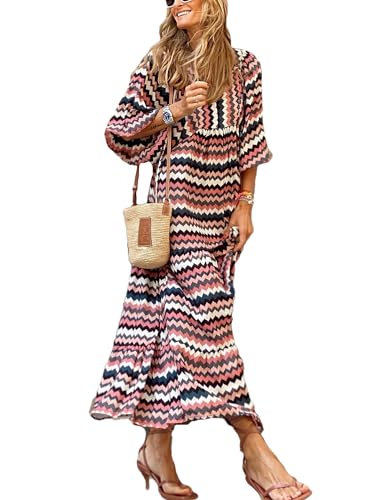 MessBebe Sommerkleider Damen Elegant V-Ausschnitt Sommerkleid Boho Langarm Blumenkleid Midi Lässig Sommer Freizeitkleid Stripes von MessBebe