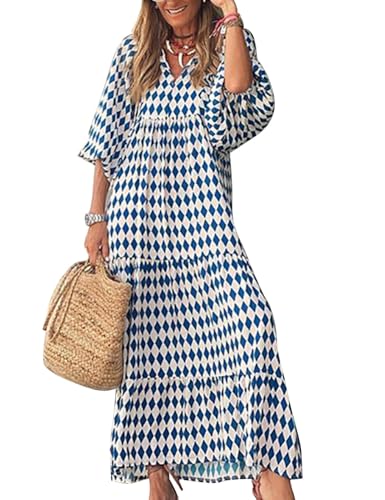 MessBebe Sommerkleider Damen 3/4-Ärmel Elegant V-Ausschnitt Halblange Ärmel Boho Langarm Blumenkleid Midi Lässig Sommer Freizeitkleid von MessBebe