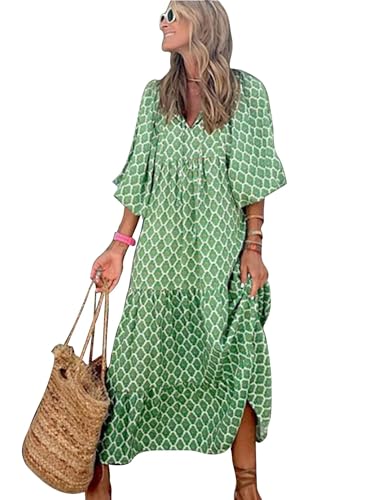 MessBebe Sommerkleider Damen Elegant V-Ausschnitt Sommerkleid Boho Langarm Blumenkleid Midi Lässig Sommer Freizeitkleid XXL von MessBebe