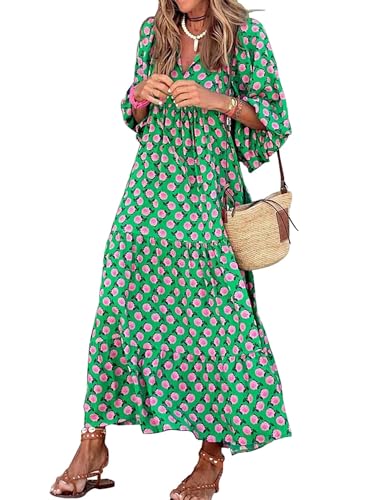 MessBebe Sommerkleider Damen Elegant V-Ausschnitt Sommerkleid Boho Langarm Blumenkleid Midi Lässig Sommer Freizeitkleid von MessBebe