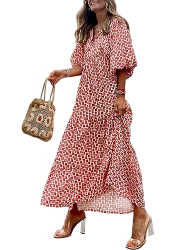 MessBebe Sommerkleider Damen Elegant V-Ausschnitt Sommerkleid Boho Langarm Blumenkleid Midi Lässig Sommer Freizeitkleid M von MessBebe