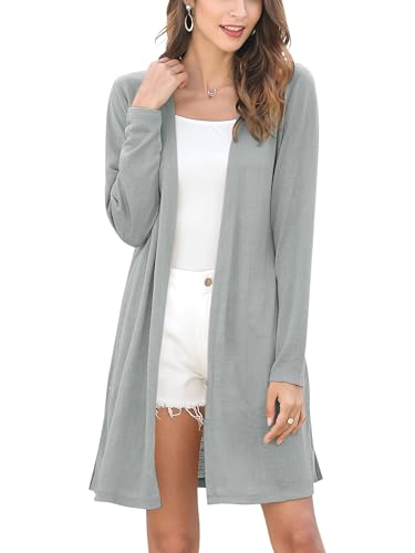 MessBebe Strickjacke Damen Lang Cardigan Sommer Langarm Offen Front Dünn Casual Leicht Frühling Grau M von MessBebe