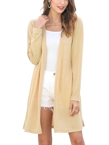 MessBebe Strickjacke Damen Lang Cardigan Sommer Langarm Offen Front Dünn Casual Leicht Frühling Kamel L von MessBebe