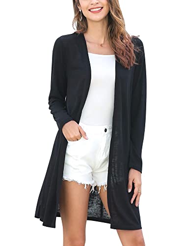 MessBebe Strickjacke Damen Lang Cardigan Sommer Langarm Offen Front Dünn Casual Leicht Frühling Schwarz M von MessBebe