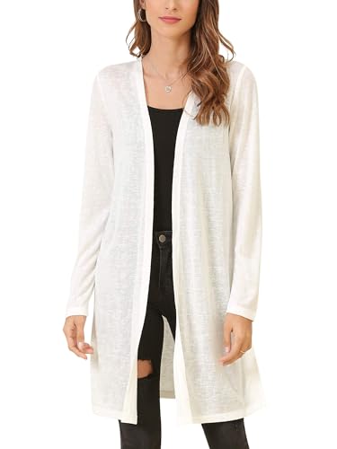 MessBebe Strickjacke Damen Lang Cardigan Sommer Langarm Offen Front Dünn Casual Leicht Frühling Weiß L von MessBebe