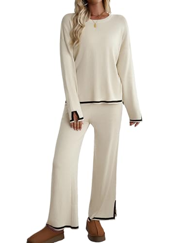 MessBebe Womens 2 Piece Sweatsuit Outfits Knit Sweater Top Wide Leg Pants Lounge Sets Tracksuits Set Apricot von MessBebe