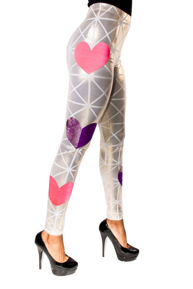 Rabatt Gold Herz Nieten Hologramm Leggings - Y2K - Metallic Nieten - Nietenhose - Rave Hose - Unisex von MessQueenNewYork