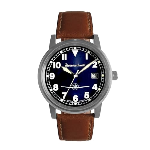 Messerschmitt Herren Uhr ME-9673-108L – Eleganz & Präzision - Kobaltblau lackiertes Zifferblatt in Kombination mit dem satinierten Edelstahlgehäuse– Lederarmband in Braun – Made in Germany von Messerschmitt