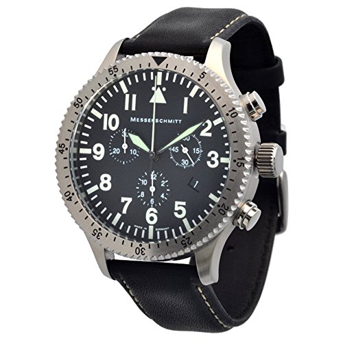 Messerschmitt Herren Quarz Chronograph 5031LS Ronda Swiss Movement 5ATM mit schwarzen Lederarmband mit weisser Stepnaht von Messerschmitt