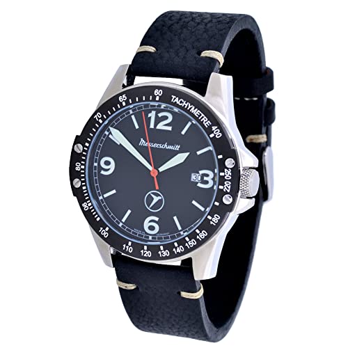 Messerschmitt Quarz Herren Fliegeruhr Model ME-98189V 44mm 5ATM Ronda 515 Uhrwerk (schwarzes Retro Lederarmband) von Messerschmitt