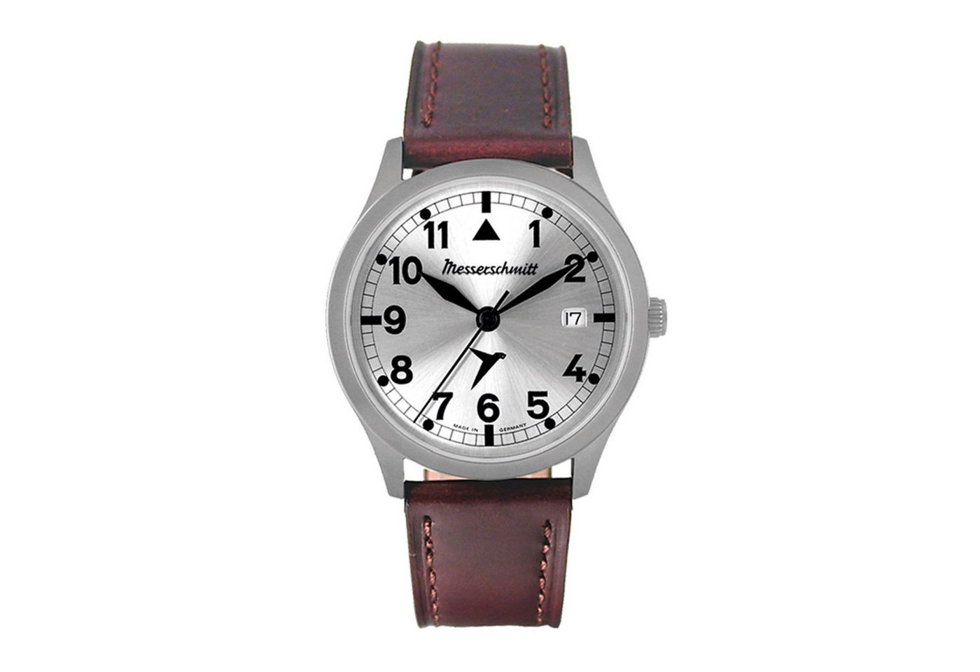 Messerschmitt Quarzuhr Herrenuhr ME-381B, Quarz, silbernes Zifferblatt, braunes Lederband von Messerschmitt