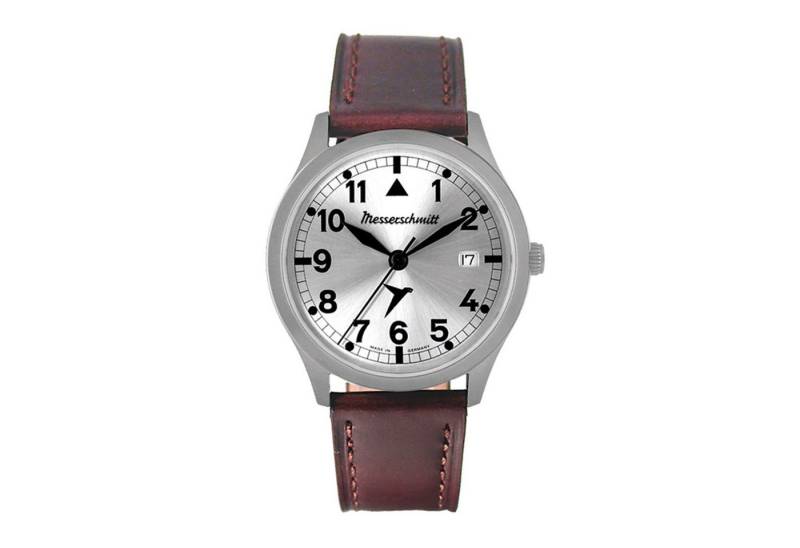Messerschmitt Quarzuhr Herrenuhr ME-381B, Quarz, silbernes Zifferblatt, braunes Lederband von Messerschmitt