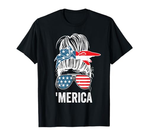 Messy Bun 4. Juli Merica Amerikanische Flagge Sonnenbrille Damen T-Shirt von Messy Bun 4th Of July Merica American Flag