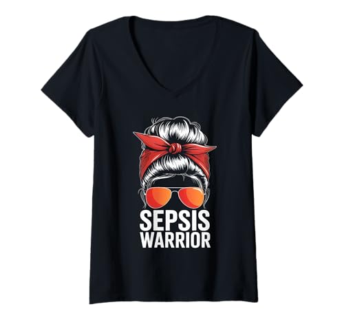 Damen Sepsis Warrior Messy Bun Rotes Halstuch Awareness T-Shirt mit V-Ausschnitt von Messy Bun Bandana Sepsis Support