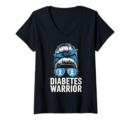 Damen Diabetes Warrior Blue Ribbon Unordnung Awareness T-Shirt mit V-Ausschnitt Damen Diabetes Warrior Blue Ribbon Unordnung Awareness T-Shirt mit V-Ausschnitt von Messy Bun Diabetic Support Awareness