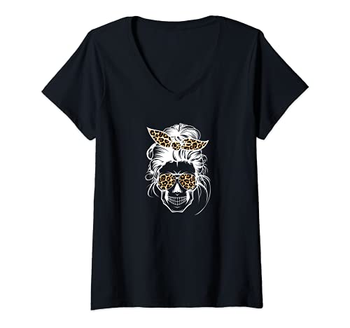 Damen Messy Bun Skull Shirt Leopard Print Bandana Geschenk für Mutter T-Shirt mit V-Ausschnitt von Messy Bun Skull Mom Shirts Gifts Leopard Print