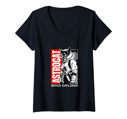 Damen Astrocat Space Explorer Cat Astronout Black Cat Lovers T-Shirt mit V-Ausschnitt Damen Astrocat Space Explorer Cat Astronout Black Cat Lovers T-Shirt mit V-Ausschnitt von Mestiza Rebel Art