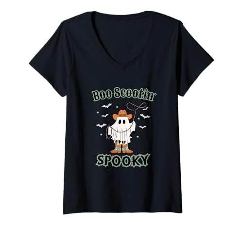 Damen Boo Scootin' Gruselige Westernstiefel Country Ghost Halloween T-Shirt mit V-Ausschnitt Damen Boo Scootin' Gruselige Westernstiefel Country Ghost Halloween T-Shirt mit V-Ausschnitt von Mestiza Rebel Art