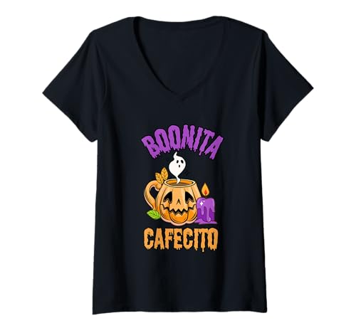 Damen Boonita Cofecito Ghost Coffee Espresso Halloween Kürbis T-Shirt mit V-Ausschnitt Damen Boonita Cofecito Ghost Coffee Espresso Halloween Kürbis T-Shirt mit V-Ausschnitt von Mestiza Rebel Art