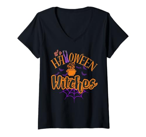 Damen Es ist Halloween, Hexenspiel, Hexenbeine, Kesselfledermäuse, lustig T-Shirt mit V-Ausschnitt Damen Es ist Halloween, Hexenspiel, Hexenbeine, Kesselfledermäuse, lustig T-Shirt mit V-Ausschnitt von Mestiza Rebel Art