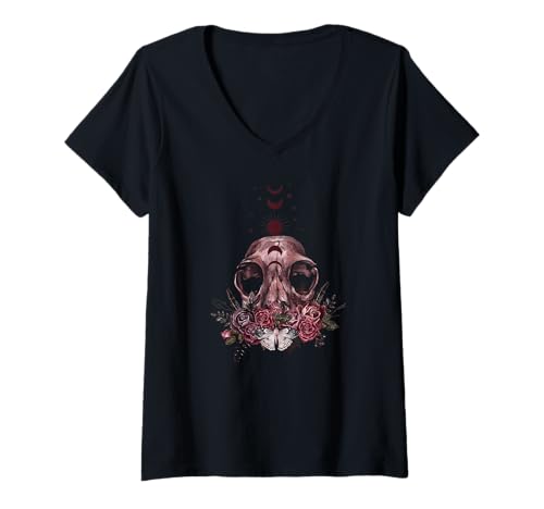 Damen Floral Goth Motte Schädel Vintage Dark Romance Mondphase T-Shirt mit V-Ausschnitt Damen Floral Goth Motte Schädel Vintage Dark Romance Mondphase T-Shirt mit V-Ausschnitt von Mestiza Rebel Art
