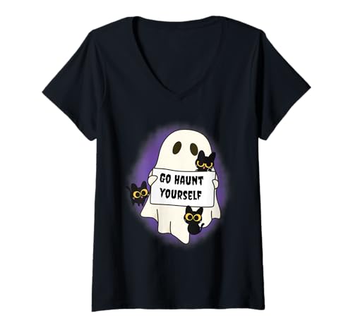 Damen Go Haunt Yourself Ghost Holding Schild mit schwarzen Katzen T-Shirt mit V-Ausschnitt Damen Go Haunt Yourself Ghost Holding Schild mit schwarzen Katzen T-Shirt mit V-Ausschnitt von Mestiza Rebel Art