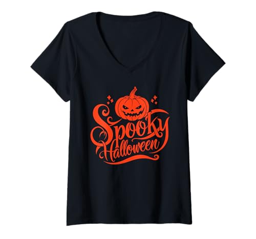 Damen Gruselige Halloween Gruselige Jack-O-Laterne Party Time T-Shirt mit V-Ausschnitt Damen Gruselige Halloween Gruselige Jack-O-Laterne Party Time T-Shirt mit V-Ausschnitt von Mestiza Rebel Art