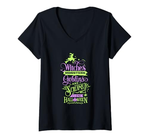 Damen Hexen, Monster, Kobolde und Schreie, es ist Fast Halloween T-Shirt mit V-Ausschnitt Damen Hexen, Monster, Kobolde und Schreie, es ist Fast Halloween T-Shirt mit V-Ausschnitt von Mestiza Rebel Art