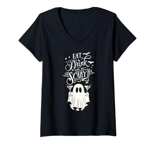 Damen ISS, trinke und sei gruselig, Ghost Cheers, Halloween-Partyzeit T-Shirt mit V-Ausschnitt Damen ISS, trinke und sei gruselig, Ghost Cheers, Halloween-Partyzeit T-Shirt mit V-Ausschnitt von Mestiza Rebel Art