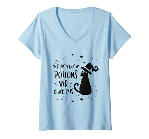 Damen Kürbistränke und Schwarze Katzen Halloween Party Oktober T-Shirt mit V-Ausschnitt Damen Kürbistränke und Schwarze Katzen Halloween Party Oktober T-Shirt mit V-Ausschnitt von Mestiza Rebel Art